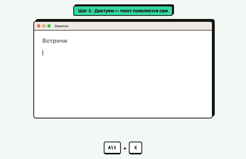 Анимация: зажали Alt+X, продиктовали «Привет, Вика! Поставь встречу…» — текст напечатался в заметке сам